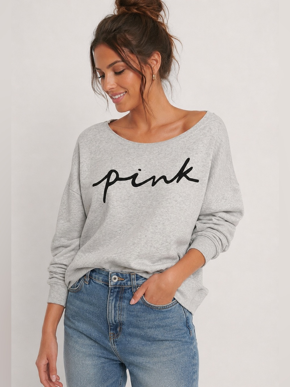 PINK Victoria’s Secret Script Logo Gray Sweatshirt XL